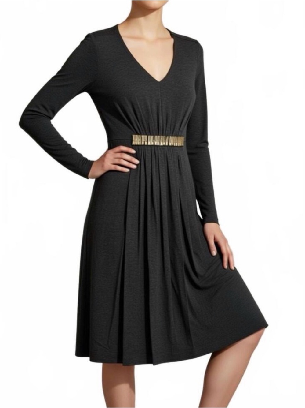 Nue by Shani Grey V-Neck Long Sleeve Dress Waist Accent Shapewear Built-in